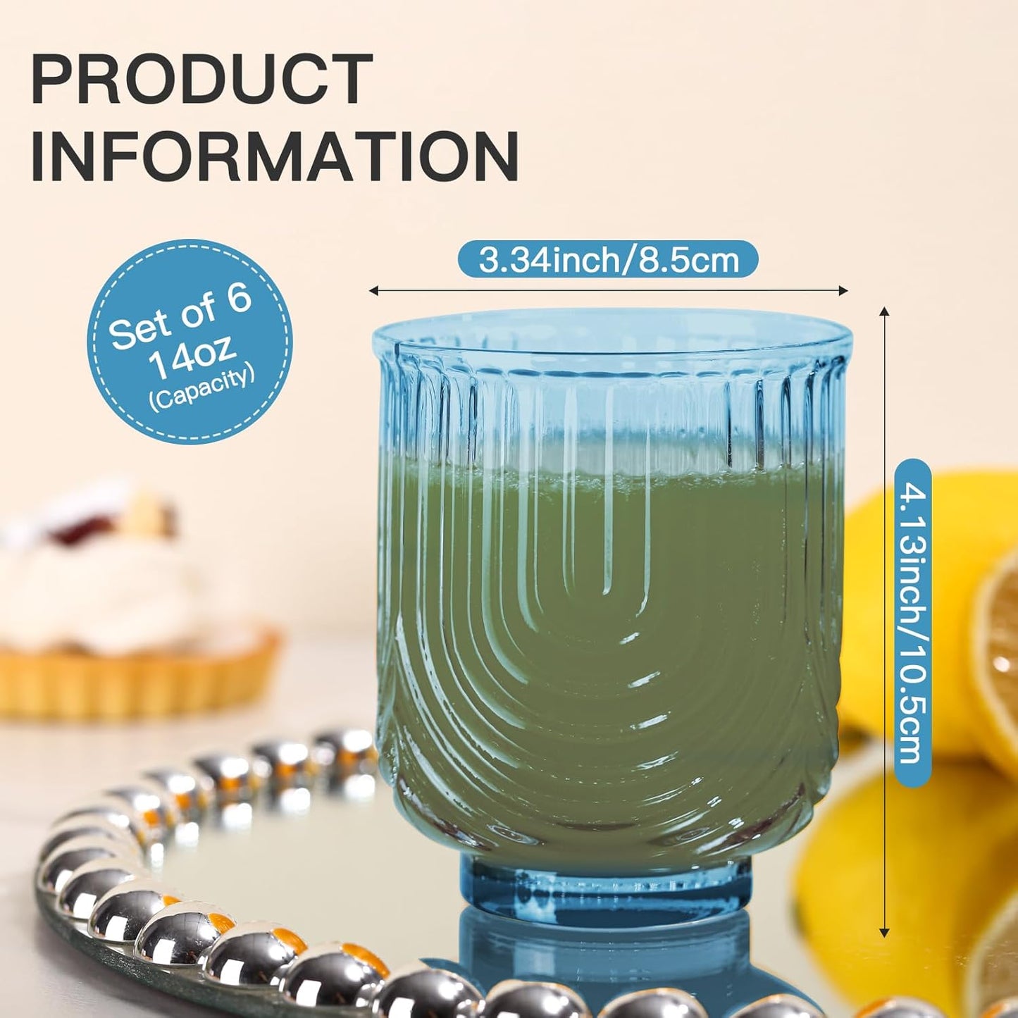 Blue Vintage Glassware Set of 6-14Oz Blue Water Drinking Glass, Art Deco Ripple Highball Glass, Whiskey Cocktail Glasses, for Bar Beverages Ice Coffee Juice, Housewarming Gifts