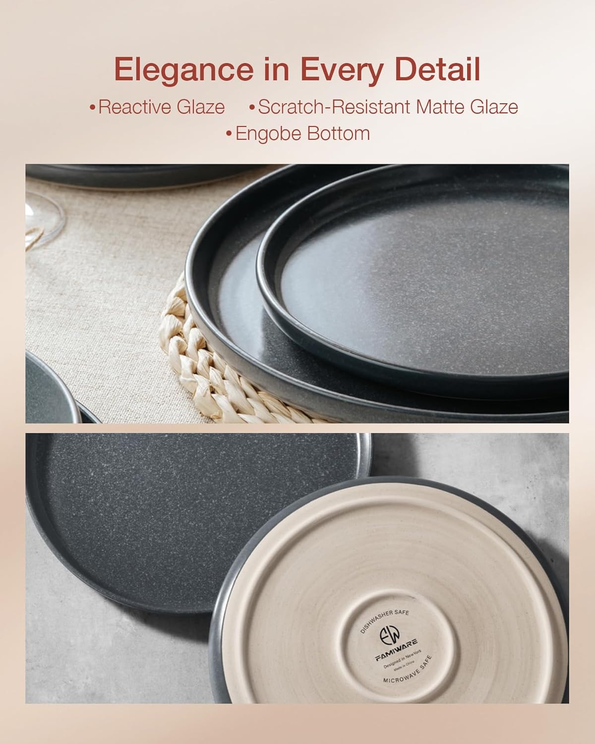 Famiware Milkyway Plates and Bowls Sets, 18 Pieces Dinnerware Sets, Reactive Glaze Dish Set, Stoneware Dishes Set for 6, Matte Dark Charcoal