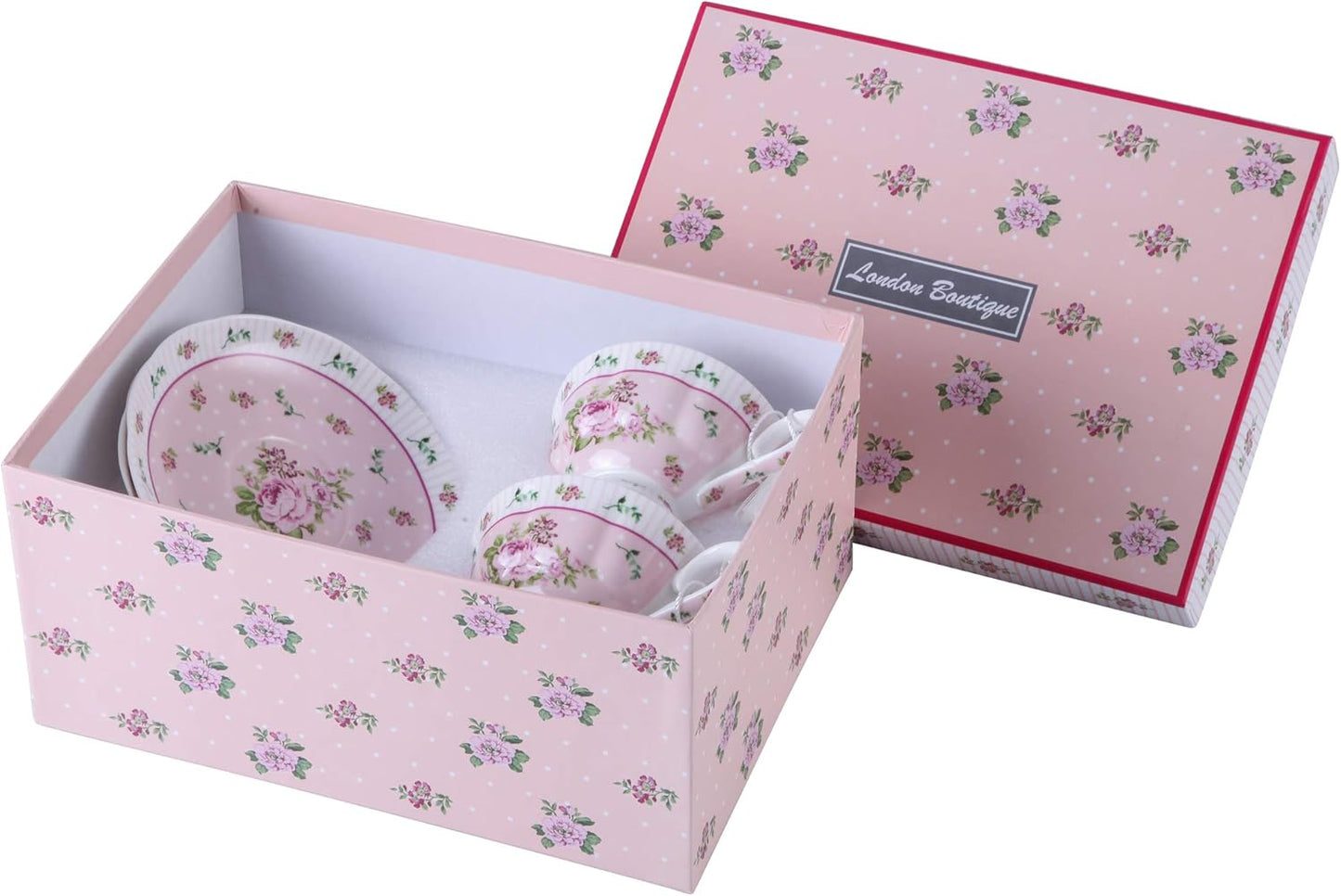 London Boutique Coffee Tea Cups and Saucers Set of 2 Vintage Flora Rose Lavender Porcelain Gift Box (Rose Pink 2pc Set)
