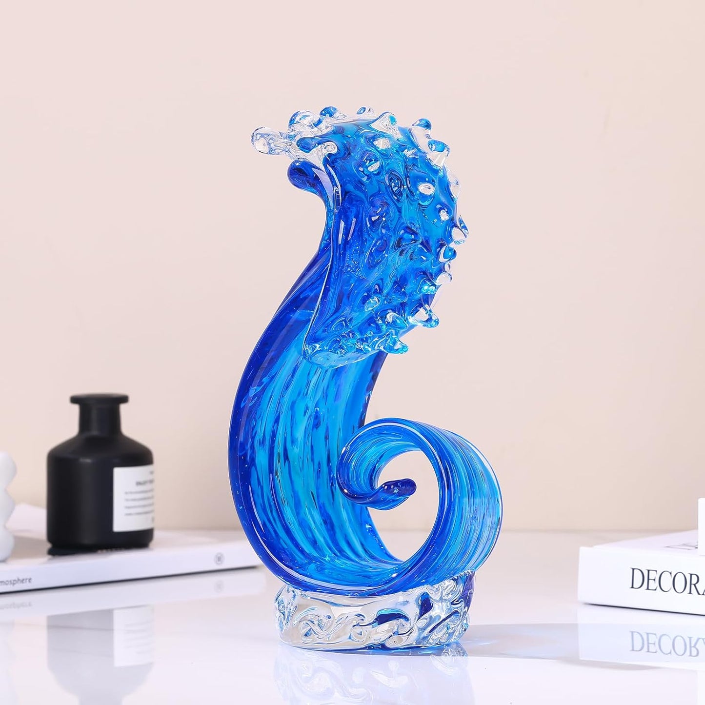 LCCCK Blue Glass Beach House Decor, Hand Blown Ocean Wave Decorate, Tall Blue Glass Sculpture Home Decor, Ocean Wave Fused Art Figurines, for Sea Art Beach Coastal Nautical Office Surfers Gifts