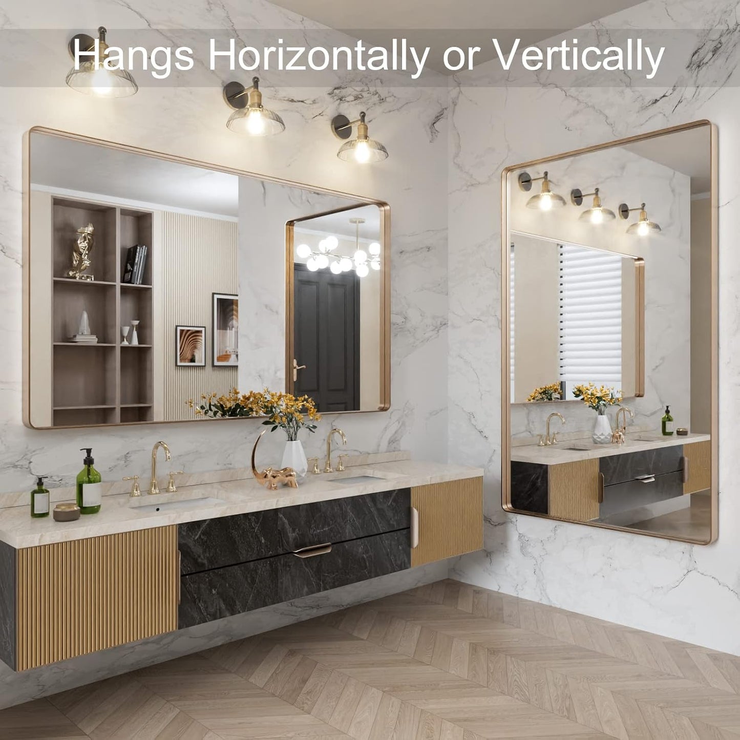 LOAAO 60”X36” Gold Bathroom Mirror, Rounded Rectangle Gold Frame Mirror, Brushed Gold Bathroom Vanity Mirror Wall-Mounted, Anti-Rust, Tempered Glass, Hangs Horizontally or Vertically