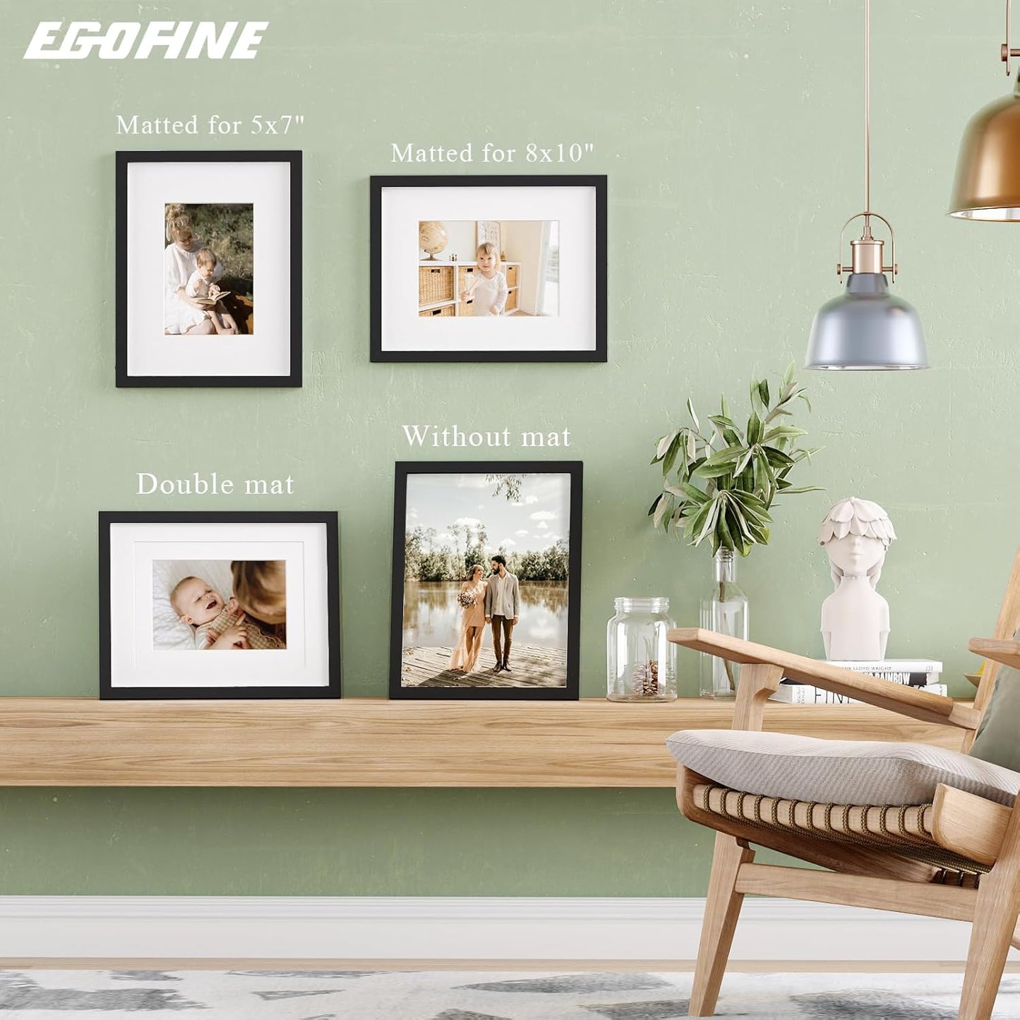 Egofine 11x14 Picture Frames Set of 4, Made of Solid Wood Covered by Plexiglass 5x7 and 8x10 with Mat or 11x14 without Mat, for Table Top Display and Wall Mounting Photo Frame Black