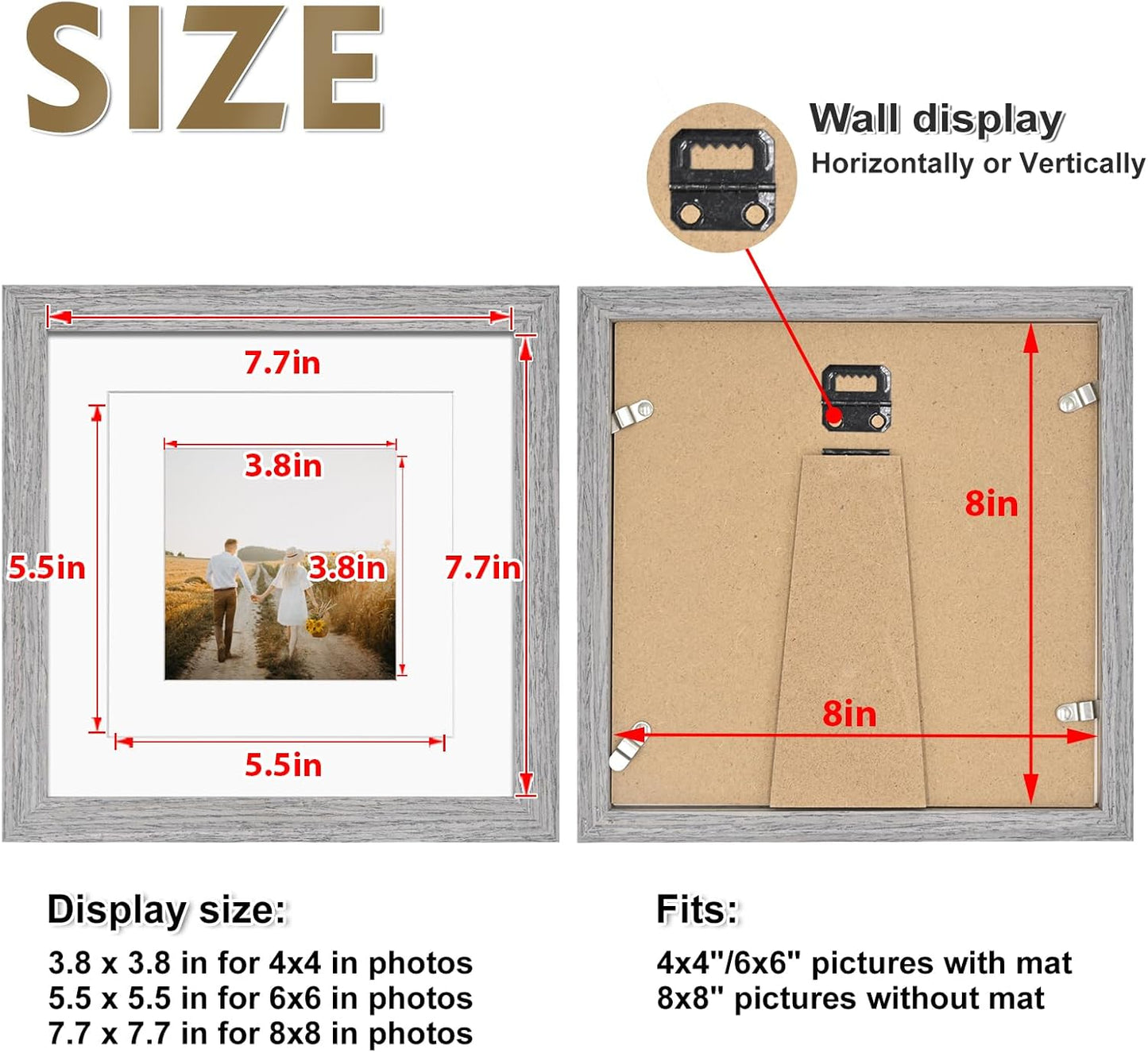 KINLINK 8x8 Picture Frame, Grey Square Solid Wood Frames for Pictures 4x4 and 6x6 with Mat or 8x8 without Mat, Wall and Tabletop Display Photo Frames Grey Wood 1 Pack