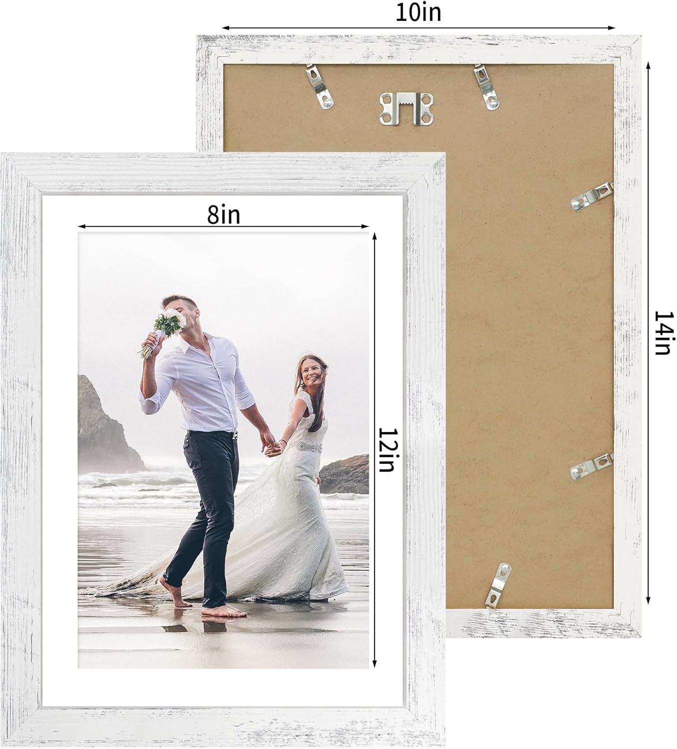 iRahmen 10x14 Picture Frame Set of 4 with Tempered Glass, Distressed White Frame Display 8x12 Picture with Mat or 10 x 14 Without Mat, Wood Rustic Photo Frames for Horizontal or Vertical Wall Mounting