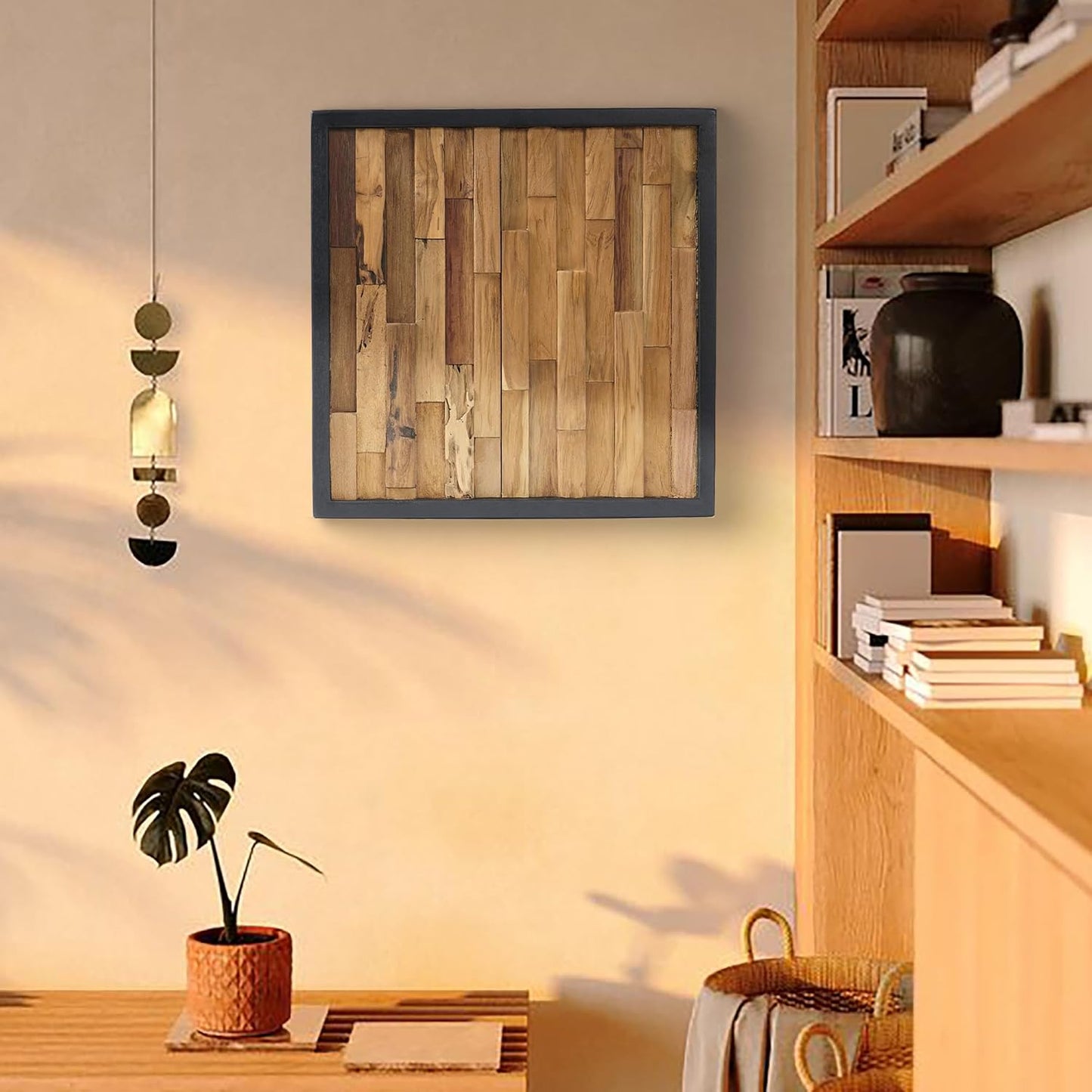 Greenage Teak Wood Wall Decor 16.9"x16.9" Farmhouse Slender Strip Pattern Rustic Natural Wood Wall Art Hanging Decoration Textured Wooden Frame Wall Panel for Home Living Room Bedroom