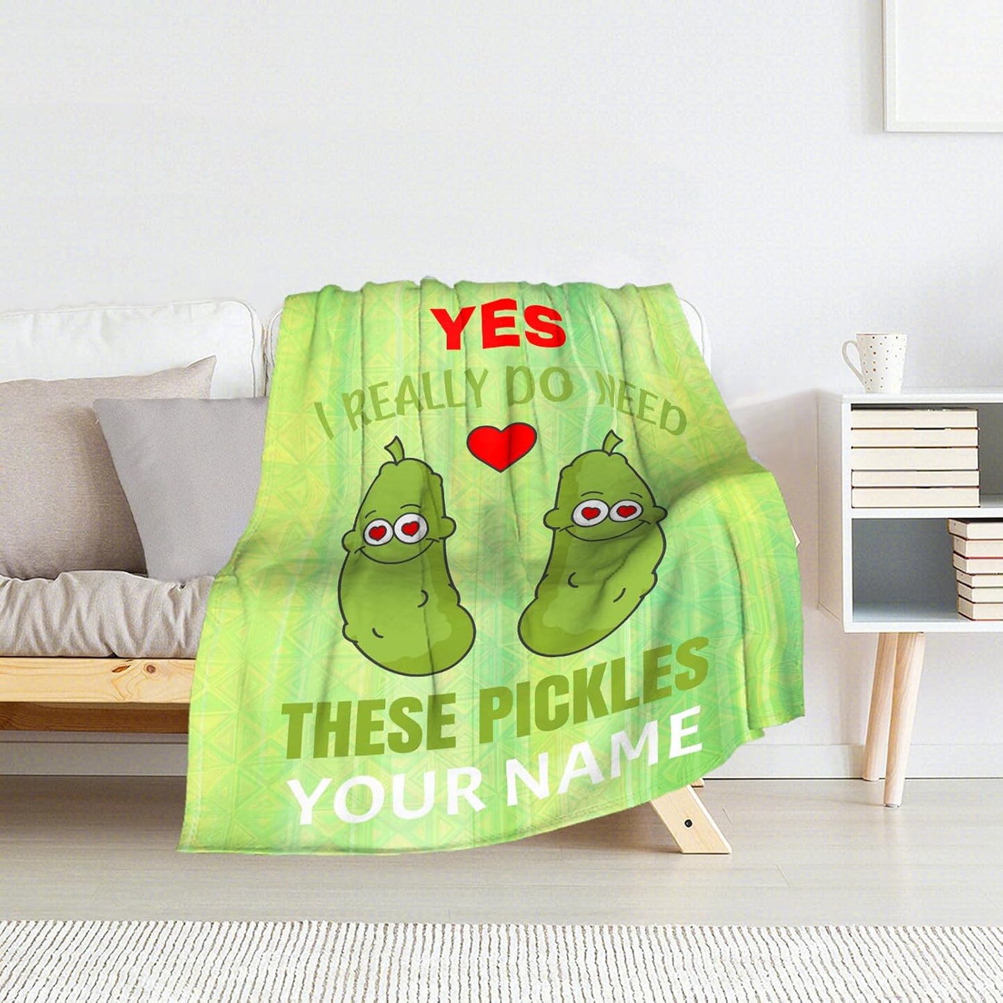 Custom Pickle Blanket for Girls - 60x80 Inches Twin Size with Name - Soft Fuzzy Plush Throws Gift - Light Green Funny Throw Blanket for Bed, Couch, Living Room