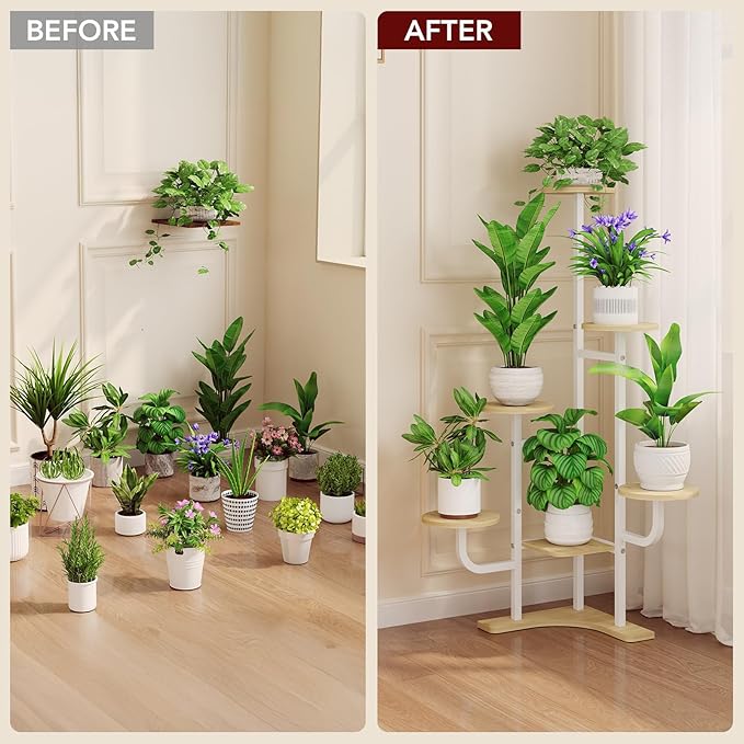 Corner Plant Stand with Grow Light - 6 Tier Plant Stand Indoor Round Metal Plant Shelf with Adjustable Light, Plant Organizer for Living Room, Graden, Home Decor (Maple)