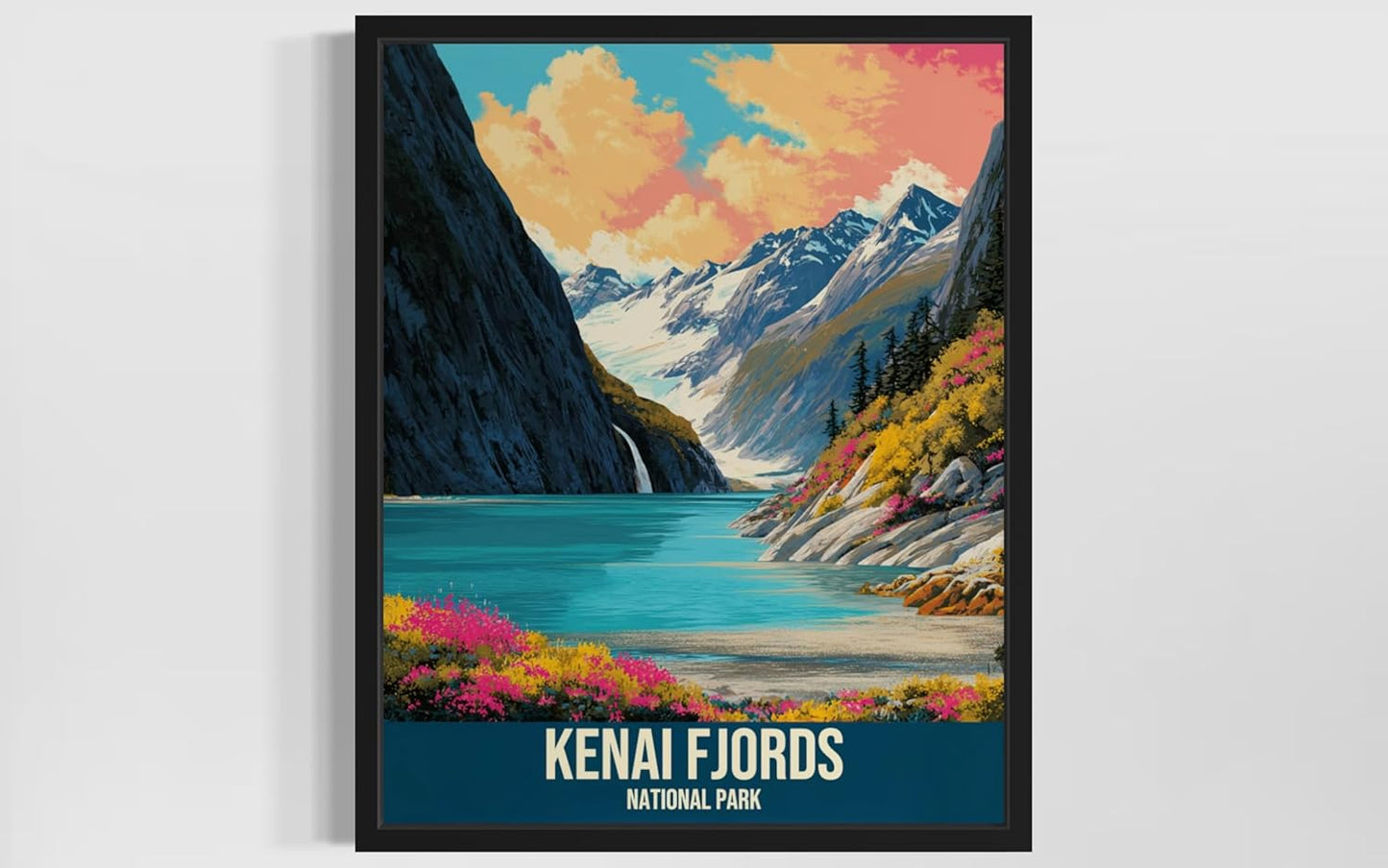 Kenai Fjords National Park Art Print Poster, Vintage Retro Pop Art Travel Wall Art Bedroom Bathroom Living Room Decor 185 (Kenai Fjords, 16 x 20 inches, Black Frame)