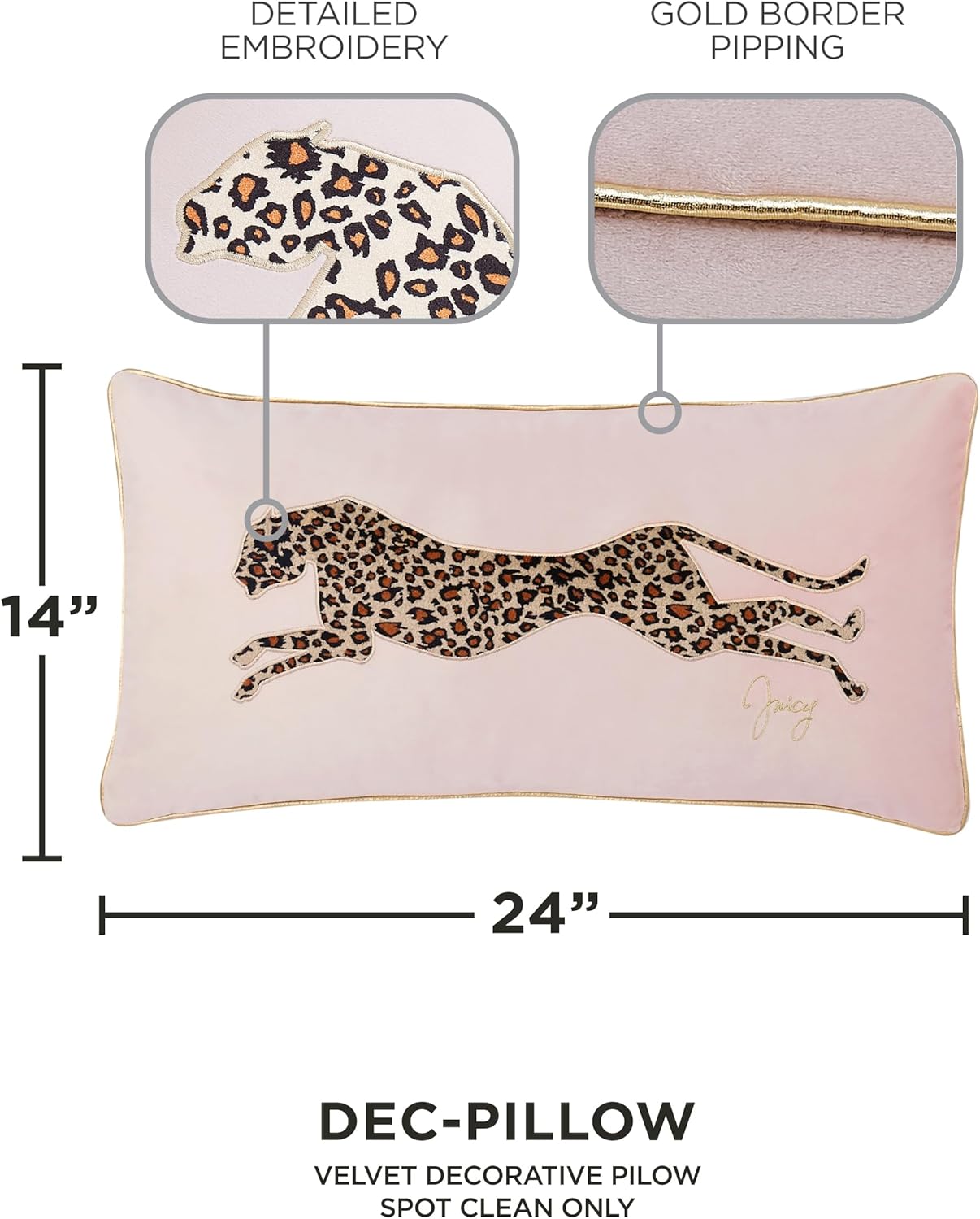 Juicy Couture Rectangle 1-Piece Decorative Accent, Premium Reversible Throw Pillow, Living Room and Bedroom Décor, 14"x24", Pink Blush