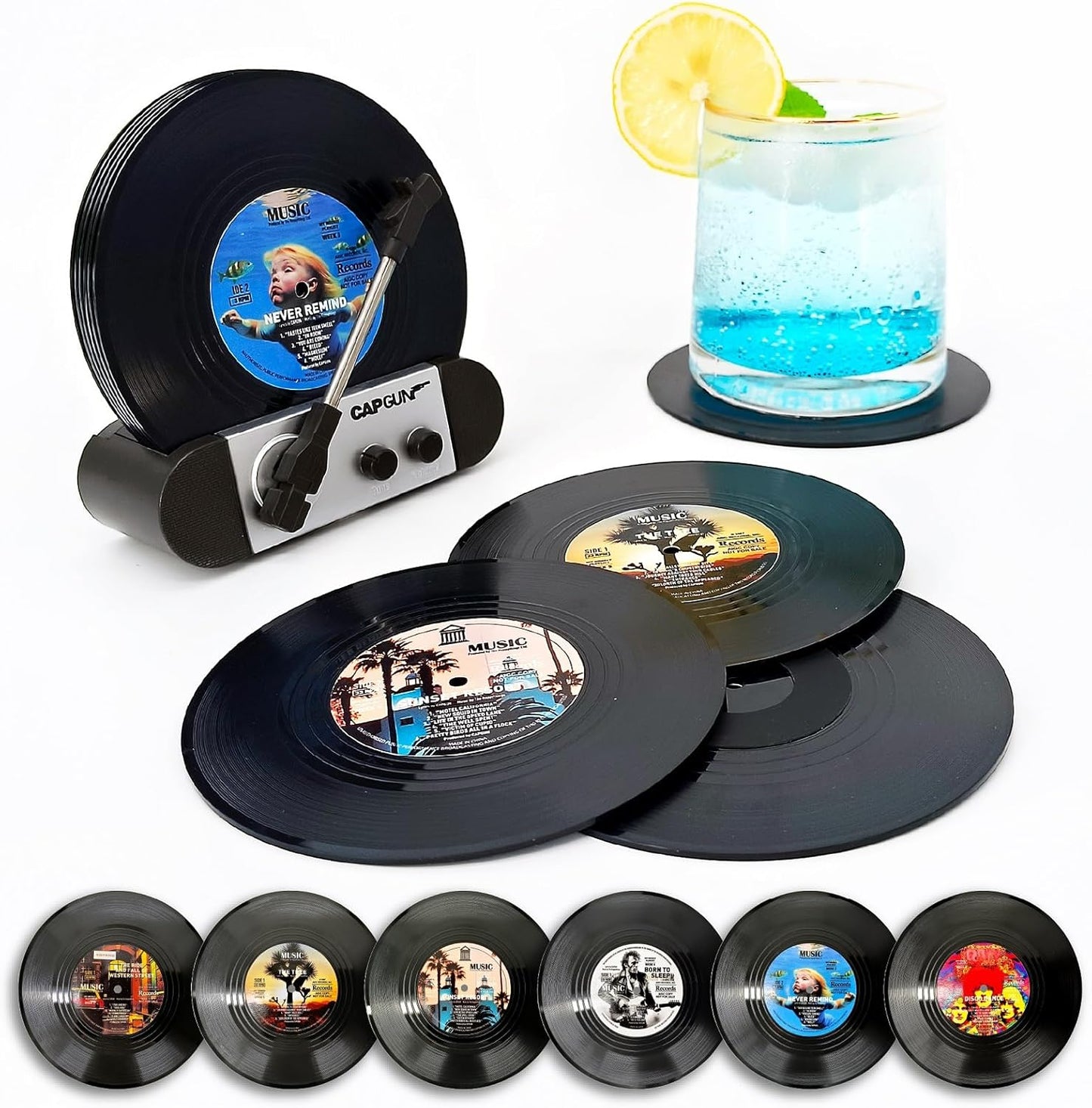 Funny Retro Record Coasters with Vinyl Player, Set of 6 pcs Music Saying Drink Coasters, Bars, Party, Birthday, Housewarming Hostess, White Elephant Gifts Ideas, Funny Gifts for Music Lover
