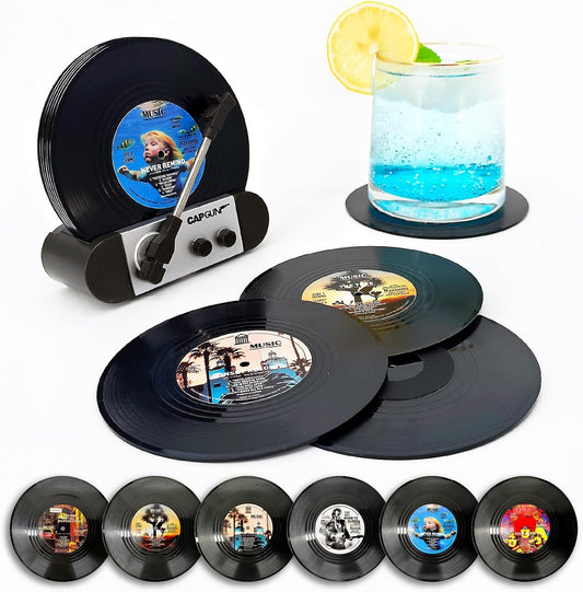 Funny Retro Record Coasters with Vinyl Player, Set of 6 pcs Music Saying Drink Coasters, Bars, Party, Birthday, Housewarming Hostess, White Elephant Gifts Ideas, Funny Gifts for Music Lover