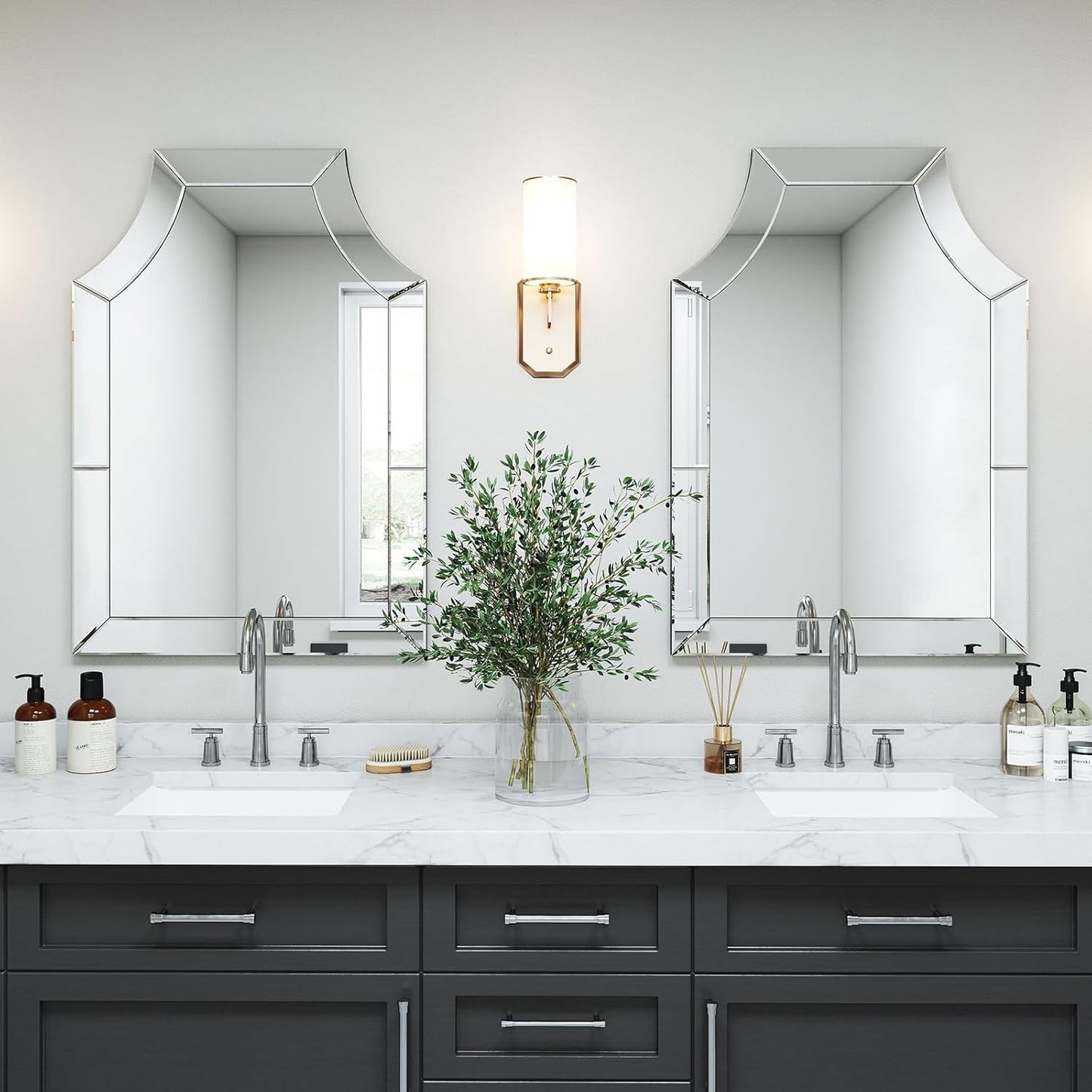 Decorative Mirror for Living Room, 27.6'' X 39.4'' Large Scalloped Mirrors with Glass Pieces and Elegant Beveled Edges, Modern Bathroom Mirror Hang Vertically