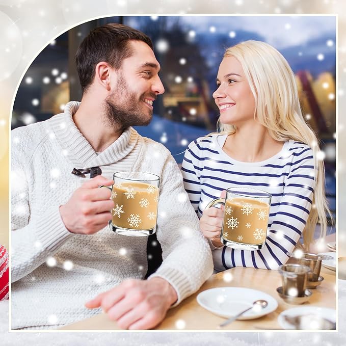 Tioncy 2pcs Christmas Snowflake Glass Coffee Mugs with Handle 12oz Christmas Snowflake Glass Cup Winter Holiday Mugs for Xmas Home Office Gifts