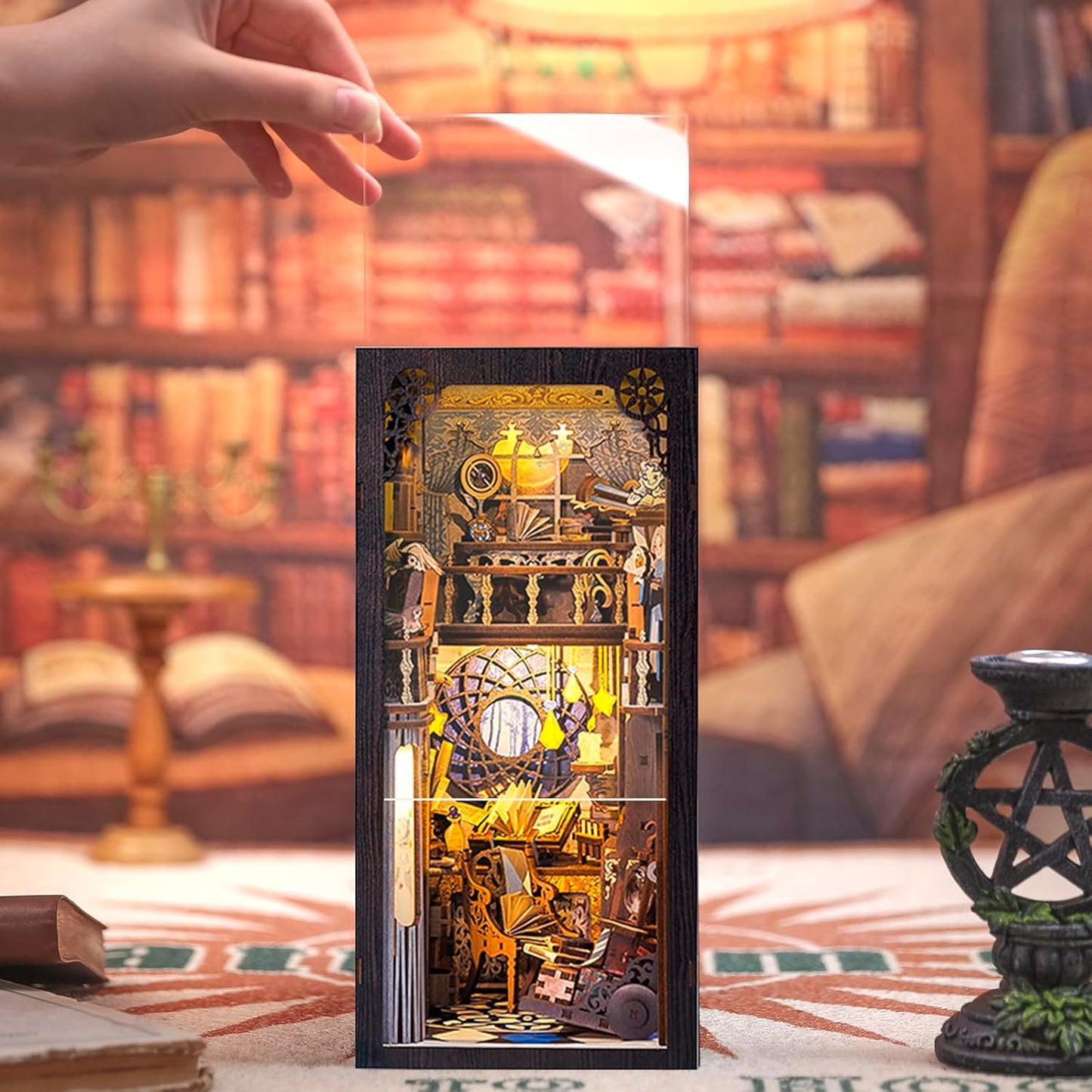 Cutefun Book Nook Kit for Adults, DIY Miniature House Dollhouse Kit for Adults and Teens, 3D Wooden Puzzle Booknook Bookshelf Insert Decor Gifts (Nebula Common Room)