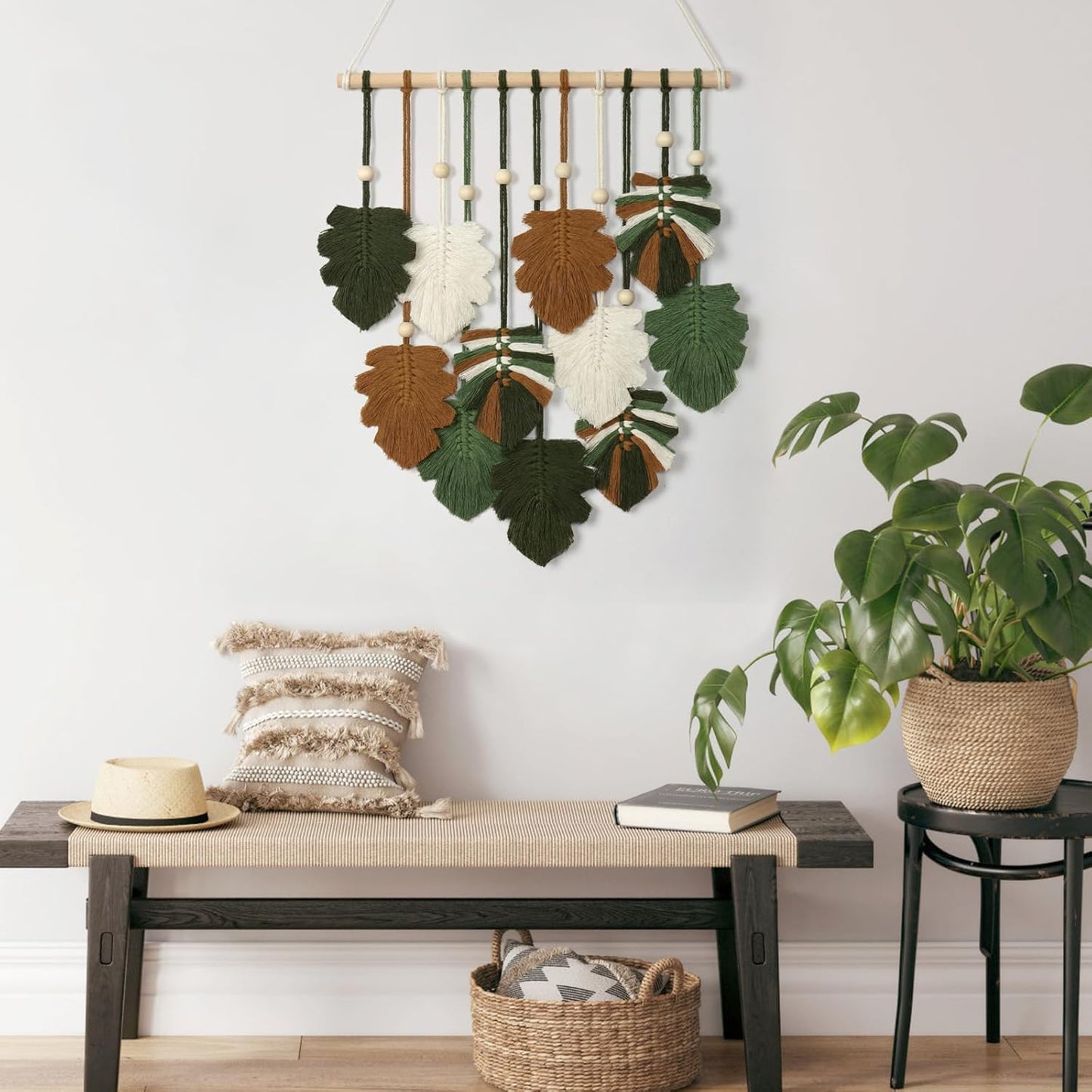 KHOYIME Macrame Wall Hanging Boho Home Decor, Bohemian Leaves Woven Yarn Tapestry Chic Aesthetic Wall Art Modern Handmade Leaf Hanging Decoration for Bedroom Living Room Nursery Office 15.7''W x 20''L