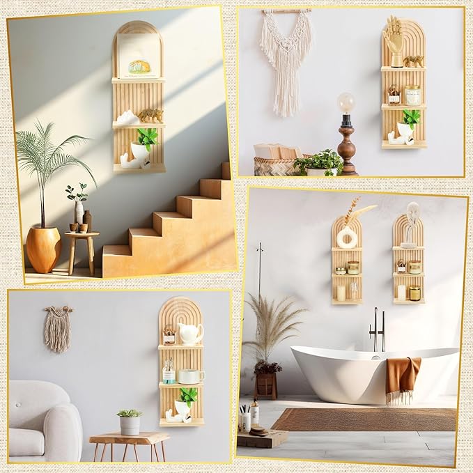 Geetery 2 Pcs Arch Wood Floating Shelf Mid Century Rainbow Wall Shelves Modern Boho Wall Shelf Retro Mounted Wood Arch Decor for Bedroom Living Room Classroom Bathroom Display(3 Tier)