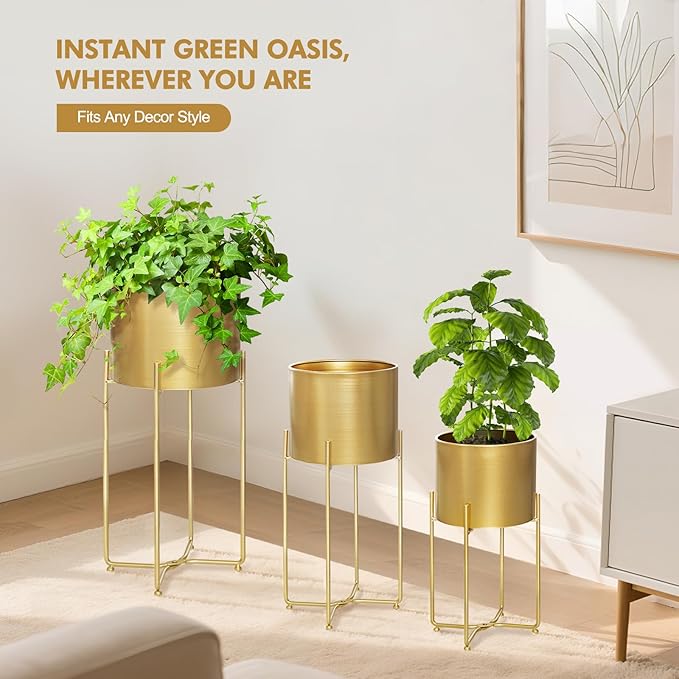 Sinolodo Gold Planters for Indoor Plants, Mid Century Floor Standing Tall Planter with Stands, 9/8/7 inch Plant Pots for Living Room Bedroom Office