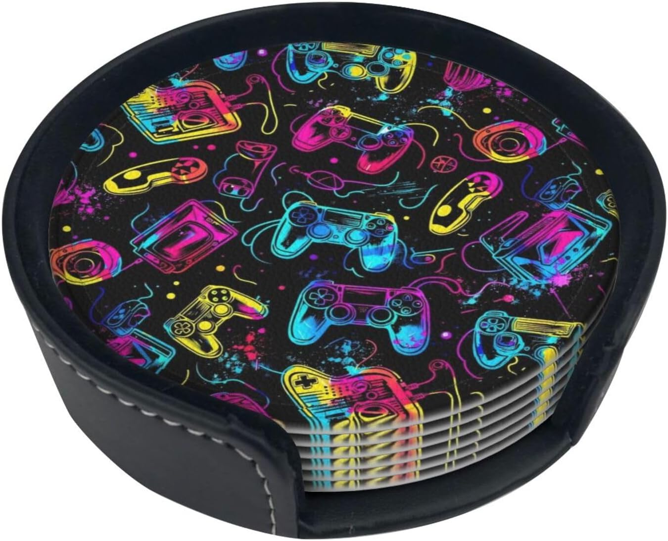 Drink Coasters with Holder Stand Set of 6, Bright Game Controller Pu Leather Absorbent Coasters with Cork Base Table Coaster Round Coasters for Housewarming Apartment Kitchen Bar Decor