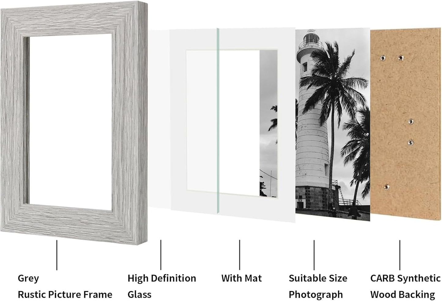 iRahmen 8x10 Picture Frame Set of 2, Wood Gray Photo Frame with HD Real Glass, Display Pictures 5x7 with Mat or 8 x 10 withour Mat for Tabletop or Wall Mounting