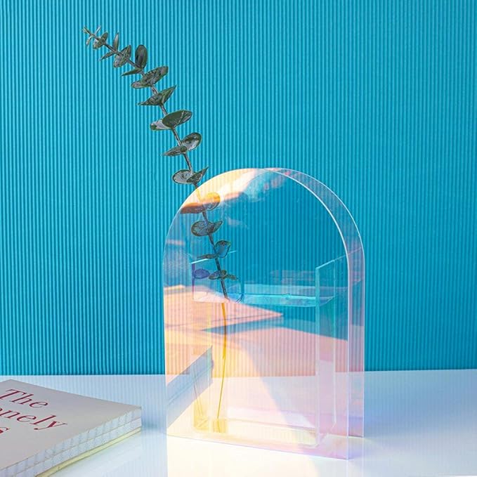 Iridescent Acrylic Vase for Artificial Flower Fake Eucalyptus Plant Leaves Office Home Decor Contemporary Tabletop Minimalist Geometric Mini Decoration Make Up Brushes Organizer Holder（RainbowShort）