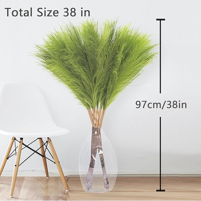 38" 10 Stems Tall Pampas Grass Decor - Faux Pampas Grass for Floor Vase Fluffy Artificial Pampas Grass for Boho Home Wedding Mothers Day Decoration（Green）
