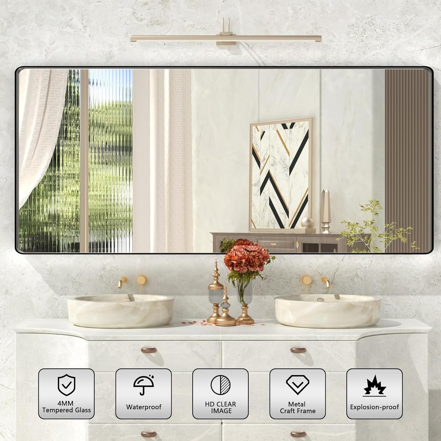 Matte Black Bathroom Mirror,72x32 Inch Large Black Metal Frame Vanity Mirror,Round Corner Black Rectangle Mirror for Wall,Tempered Glass,Anti-Rust(Horizontal/Vertical)