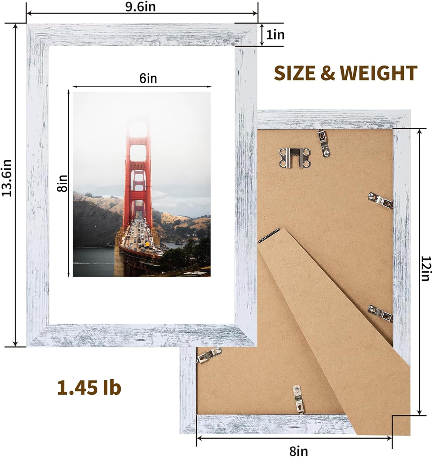 iRahmen 8x12 Picture Frame Set of 2, Distressed White Wood Photo Frame with HD Glass - Display Pictures 6x8 with Mat or 8 x 12 without Mat for Horizontal or Vertical Tabletop and Wall Mounting