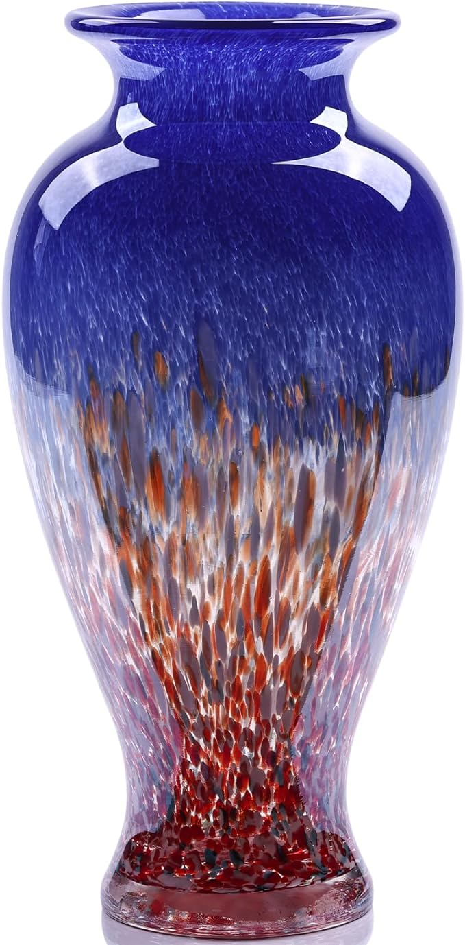 11.8" Tall Blown Blue Glass Vase, Colorful Opaque Glass Vase, Unique Design Wide Mouth Art Decoration for Home, Living Room, Dining Table, Pampas Grass Decor (Blue)