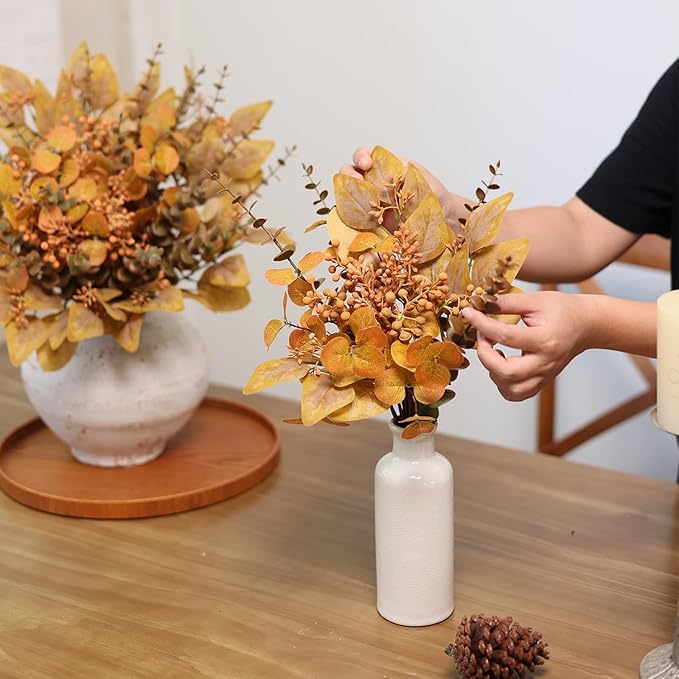 120 Pcs 5 Kinds Mixed Artificial Eucalyptus Leaves Stems and Fake Berry Bulk for Fall Decorations,Faux Plants Bundle for DIY Bouquets Floral Arrangement Wedding Engagement Party Autumn Decor (Orange)