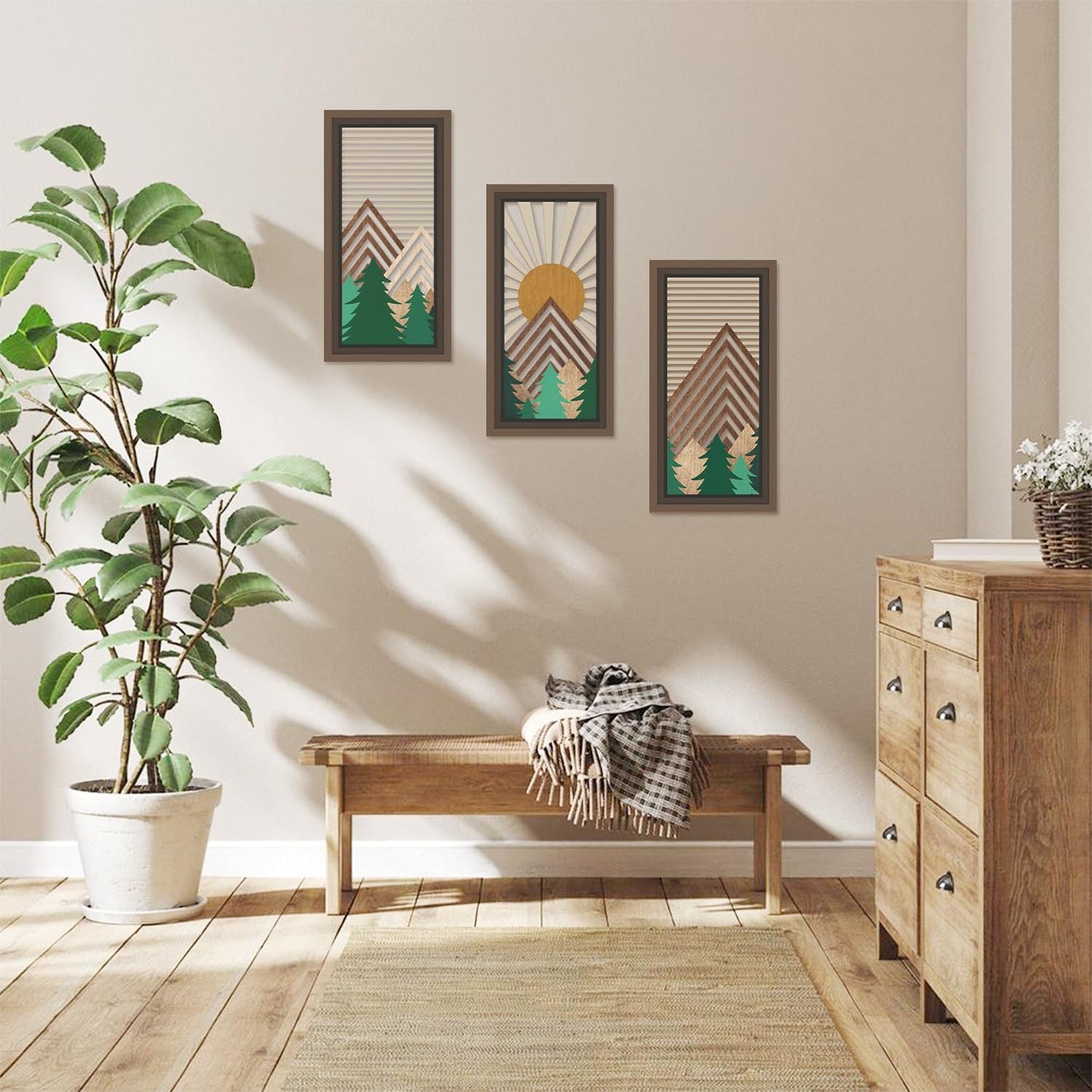 IARTTOP 3 Pcs Boho Mountain Wooden Wall Art Minimalist Geometric Artwork Pine Tree Sunrise Wood Wall Decor Bohemian Forest Hanging Decor for Living Room Bedroom Office 7.9 x15.8 Inch