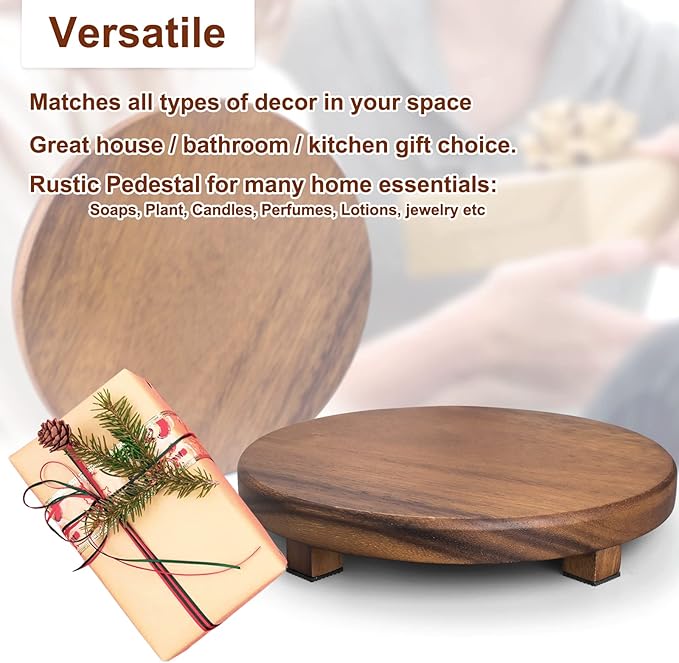 Walnut Wood Pedestal Stand, 9.06" Round Wood Riser for Kitchen Counter, Farmhouse Soap Tray Wooden Display Riser for Decor, Plant, Bottle, Cake Stand