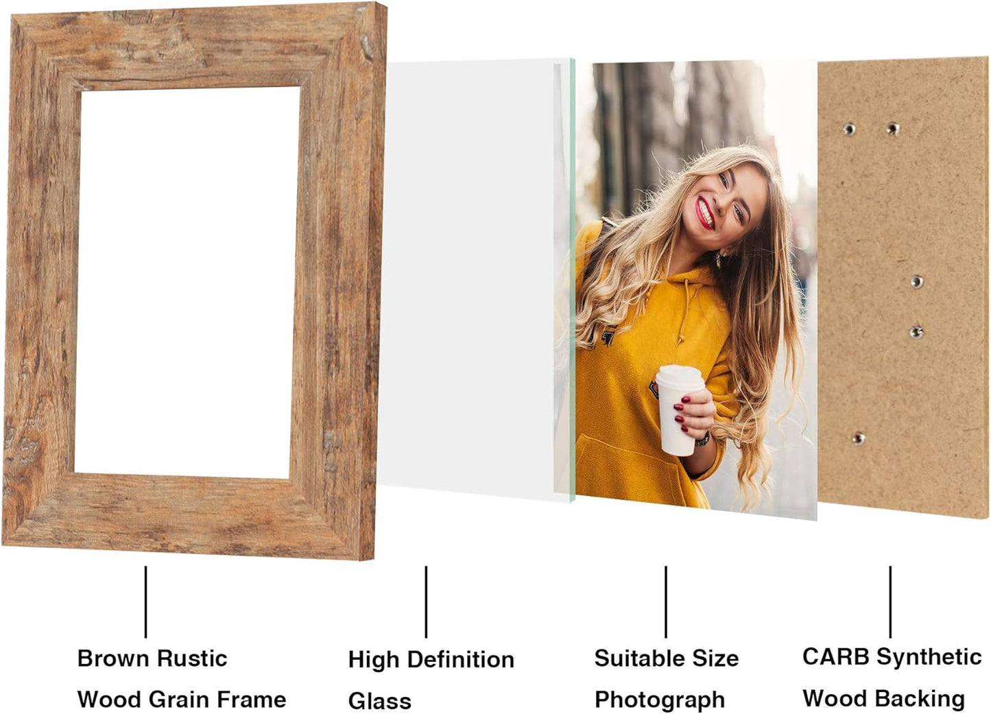 iRahmen 4x6 Picture Frame Set of 4, High Definition Real Glass Rustic Brown Frame, 4 x 6 Wood Photo Frames for Tabletop Display and Wall Mounting