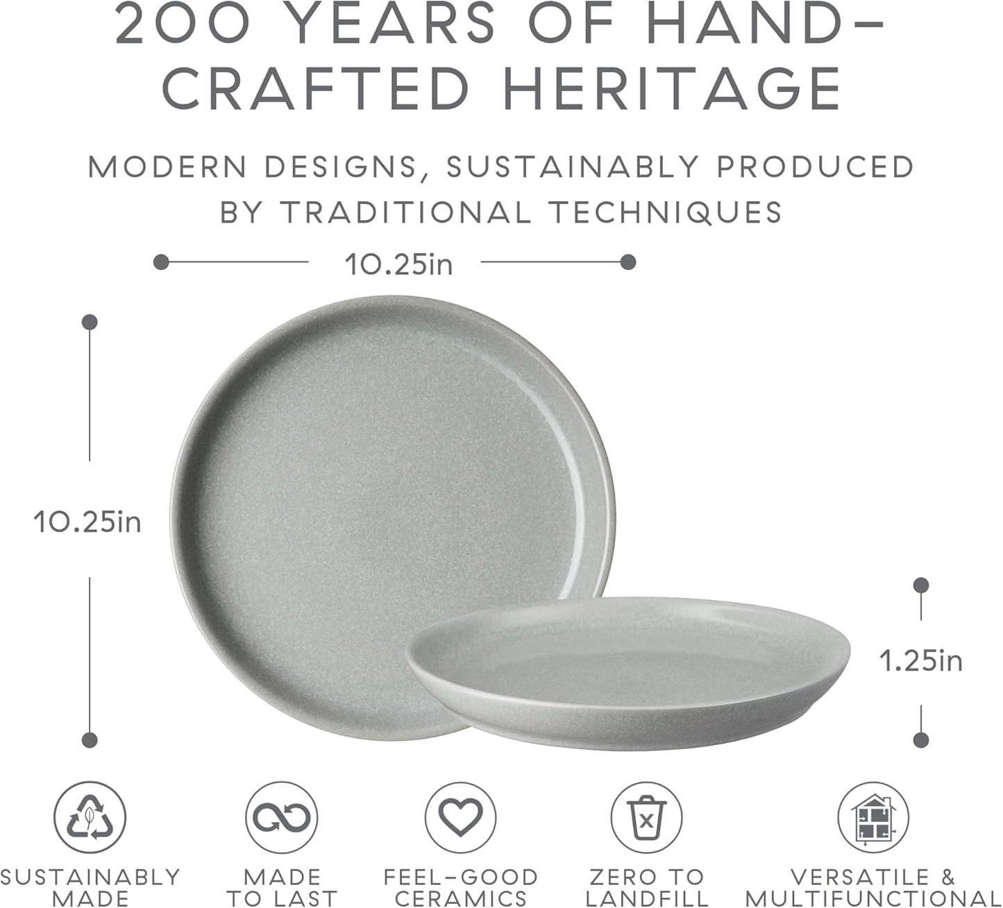 Denby - Elements Light Gray Coupe Dinner Plates Set of 6 - Dishwasher Microwave Oven Safe - Scratch Chip Resistant - Large Ceramic Stoneware Dinnerware Plates Set