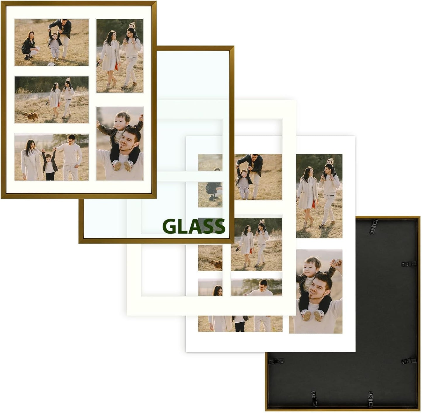 Frametory - 11x14 Aluminum Collage Picture Frame - Display 4x6 Pictures with 5 Openings Mat - Real Glass Front - Horizontal/Vertical Wall Mount - Bronze 1 Pack