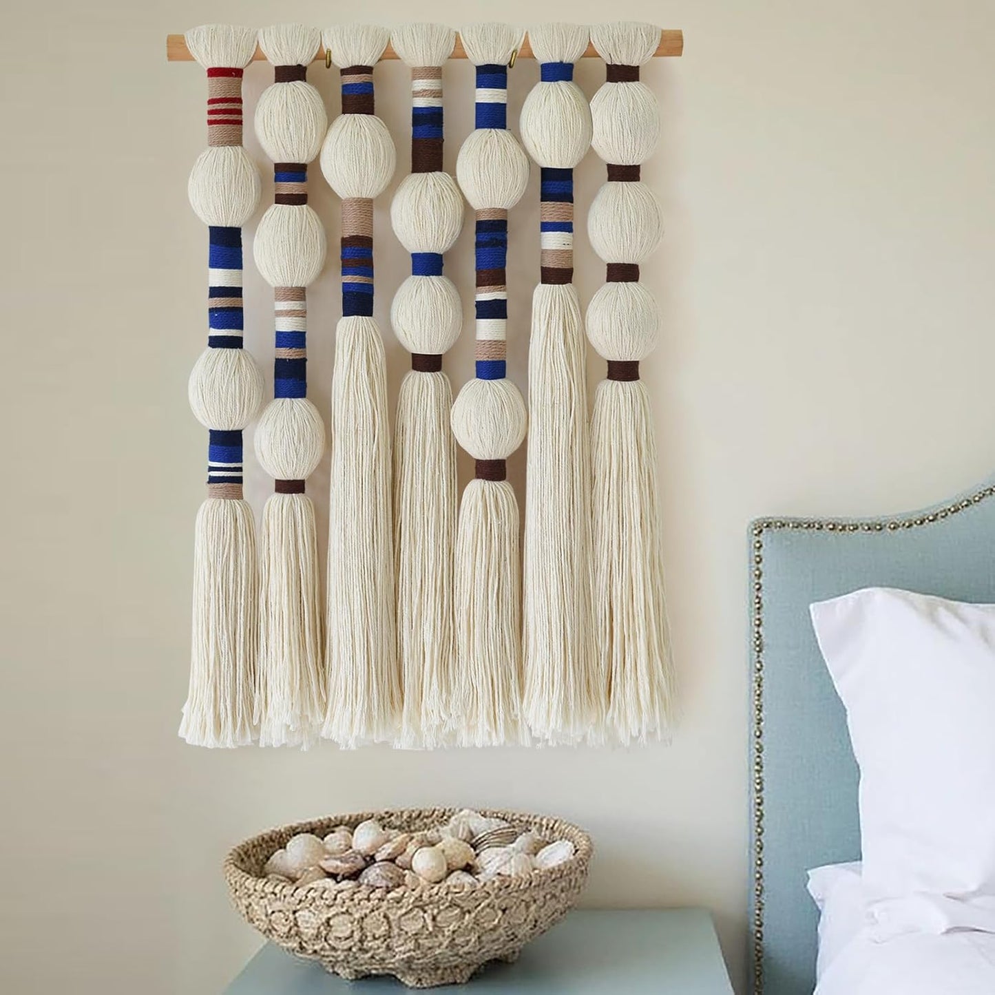 Flber Macrame Wall Hanging Woven Tapestries Handmade Cotton Yarn with Ball-shaped Tassels Geometric Boho Wall Decor for Bedroom & Living Room 15.7" Wx 21.6" L