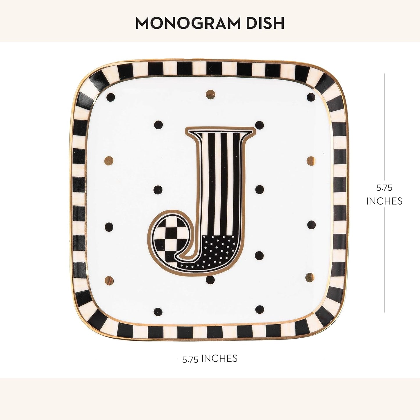 MACKENZIE-CHILDS Monogram Dish, Decorative Ceramic Letter Plate, 5 3/4" Square, J
