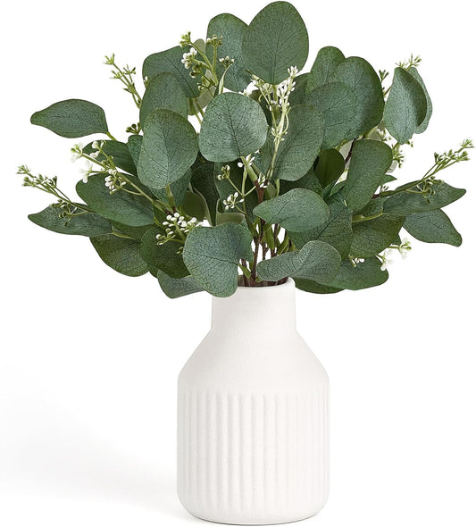 Dahey Artificial Eucalyptus Stems in Small Ceramic Vase Centerpiece Table Decorations Modern Farmhouse Decor Fake Eucalyptus Plants with Vase for Bathroom Kitchen Shelf Living Room Home Decor, White