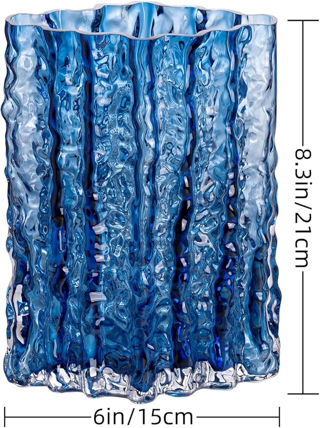 Glass Vase for Centerpieces, Diamond Shaped Vase for Flower, Modern Glacier Glass Vase for Home, Office Restaurant Desk Decor 8.3 Inch(Blue)