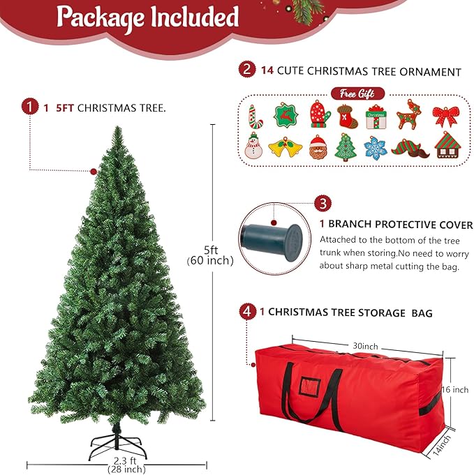 ULICO 5ft Artificial Christmas Tree,Premium Spruce Xmas Tree with 600 Branch Tips, Fake Christmas Tree with Foldable Metal Base Stand,Home, Office,Party Decoration-Green