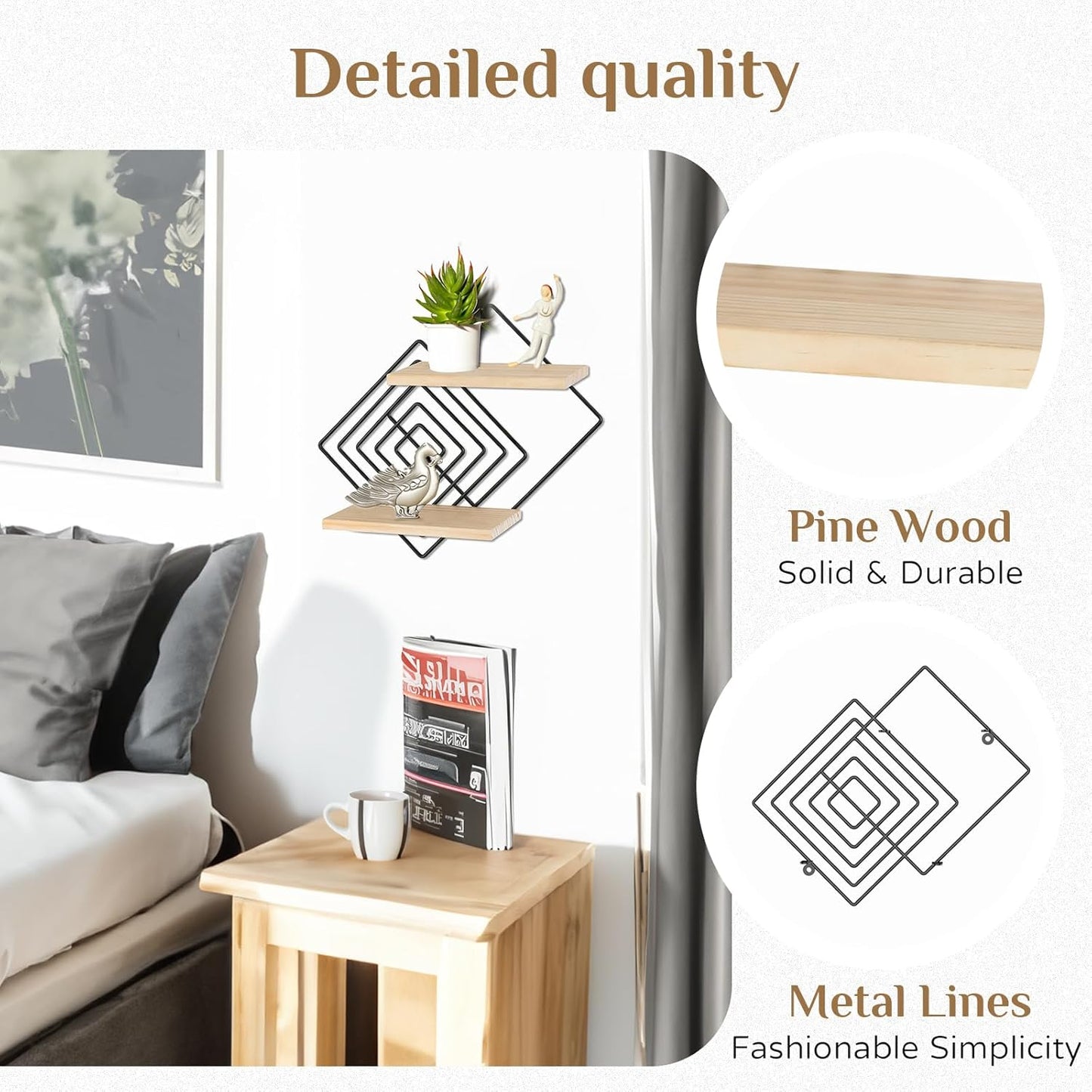 Bedroom Shelves for Wall Decor - Set of 2 Small Floating Shelf 2 Tier Modern Shelves Wall Mount Wood Geometric Hanging Plant Shelf Organizer for Bathroom