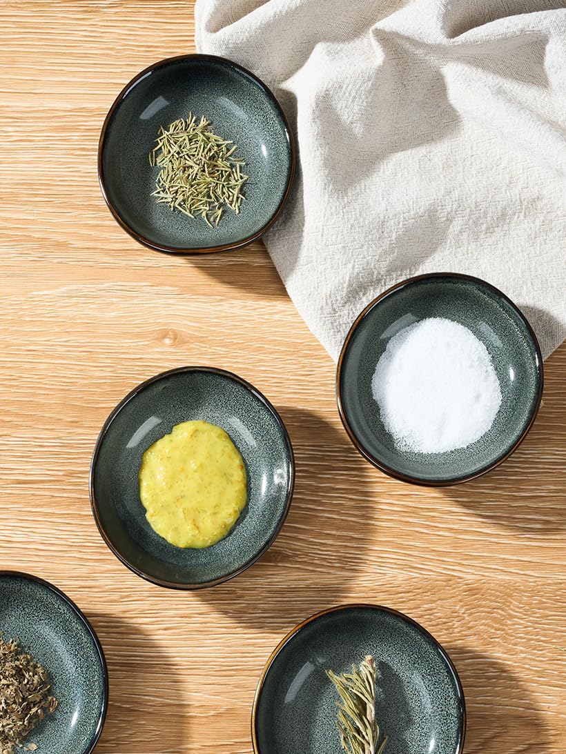 famiware Ocean Soy Sauce Dishes of 6, Oval Dipping Sauce Cups/Bowls/Dishes for Kitchen, 2.1oz Ceramic Small Bowls for Side Dish, Appetizers, Snacks, and Sushi, Reactive Glaze, Deep Forest