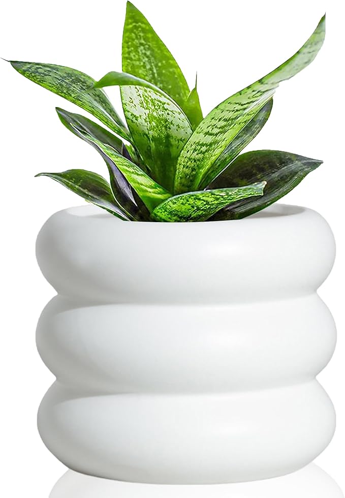 4.7 Inch Modern Plant Pot White Ceramic Glaze Succulent Planters for Indoor Unique Pots, Planter with Drainage Holes Small Bubble Porcelain for Herb Snake Plants