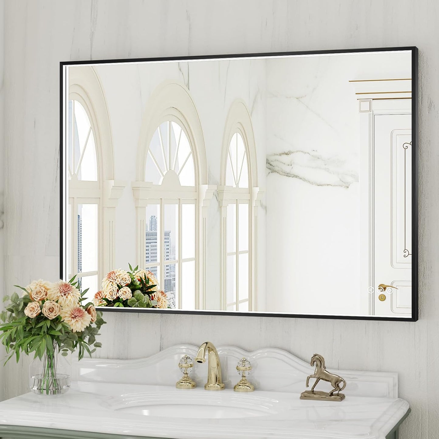 LED Bathroom Mirror with Black Framed 28X40 Inch, LED Mirror for Bathroom with Anti-Fog, Stepless Dimmable, Front Lit, Memory Function, Shatter-Proof