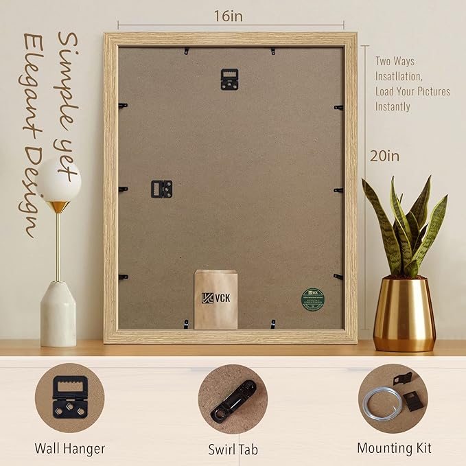 VCK 16x20 Solid Wood Poster Frames for Wall, Natural Oak Picture Frame 3 Pack, Wall Gallery Frame