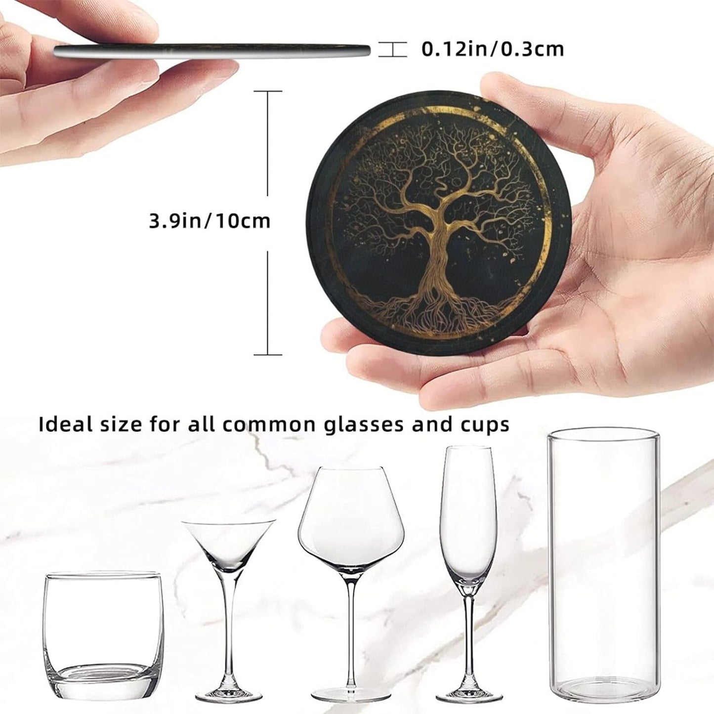 Drink Coasters with Holder Stand Set of 6, Marble Gold Tree of Life Pu Leather Absorbent Coasters with Cork Base Table Round Coaster for Housewarming Apartment Kitchen Bar Decor