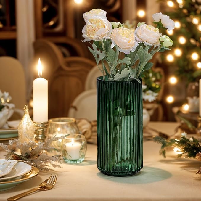 Ekirlin Green 7.5 inch Flower Vase for Home Decor, Thickened Hand Blow Glass Vase Round Vintage Striped Bottles for Bookshelf, Dinner Table, Indoor, Office, Desktop, Meeting Room, Bathroom, Best Gift