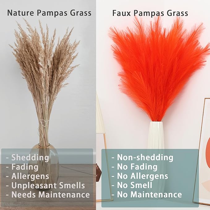 38" 10 Stems Orange Pampas Grass Decor - Tall Faux Pampas Grass for Floor Vase Fluffy Artificial Pampas Grass for Boho Home Wedding Mothers Day Decoration