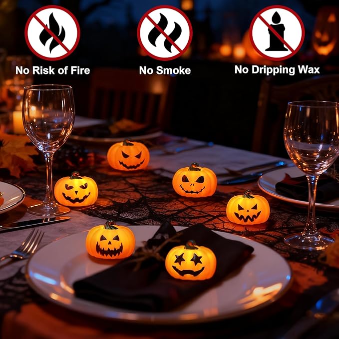 Wondise 6Pack Halloween Pumpkin Tea Lights with Remote and Timer, Battery Operated LED Orange Jack-O-Lantern Candles for Halloween Decor, Flameless Candles for Pumpkin Decorations