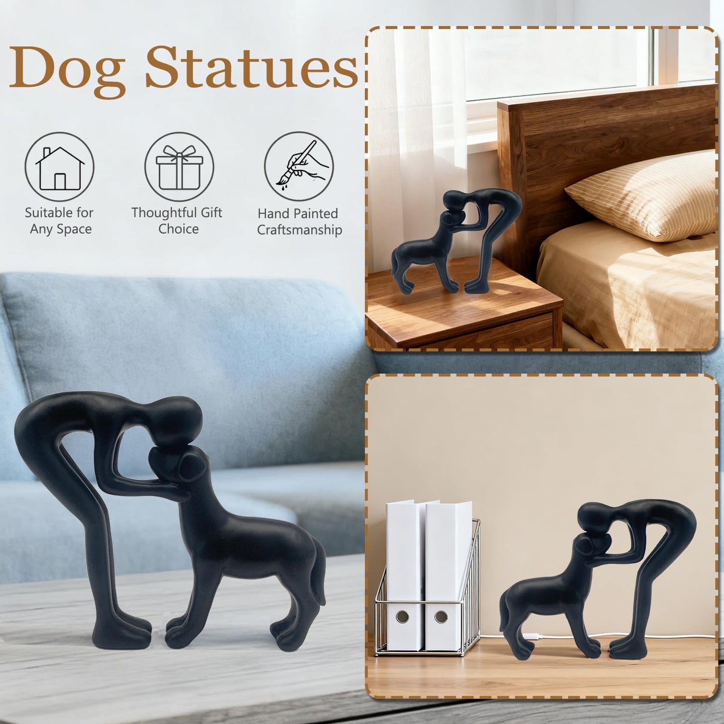 Mingzhang Human and Dog Statue Decoration Cute Black Dog Sculpture Home Decor for Office Living Room Bedroom, Memory Gifts for Pet Lovers Friends Family