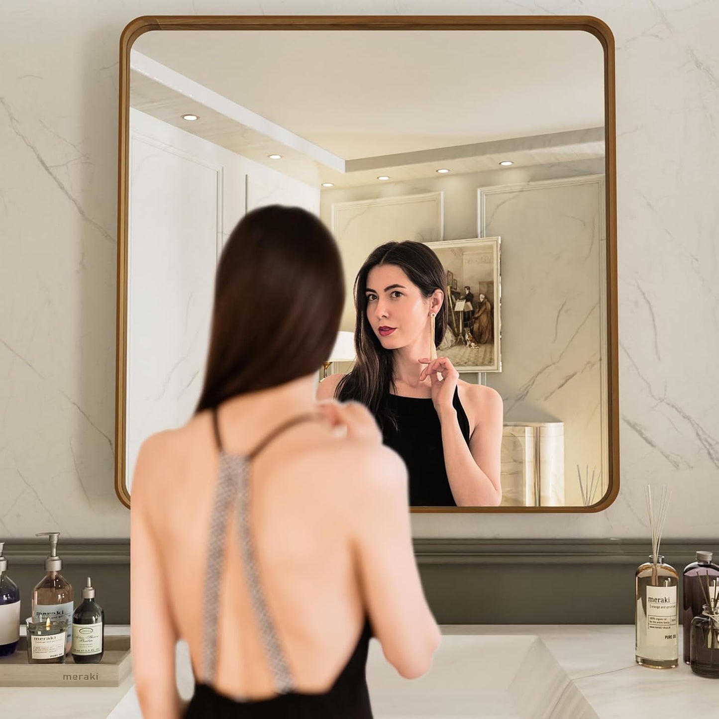 LOAAO 38X38 Inch Bathroom Mirror with Wood Grain Colored Metal Frame, Rounded Rectangle Metal Framed Bathroom Mirror, Anti-Rust, Hangs Horizontally or Vertically, Tempered Glass